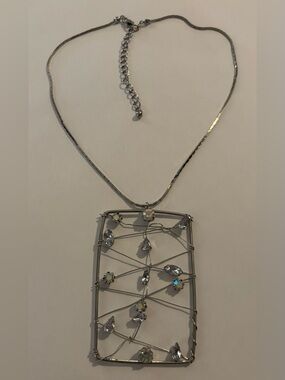 Silver-tone Crystal Rectangle Pendant Necklace - Iridescent Accents